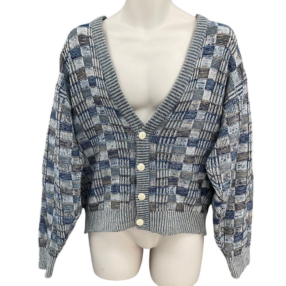 Vtg Sweater Graphix Cardigan Men S Blue 3D Knit Checkered Geometric 90s‎ Y2K